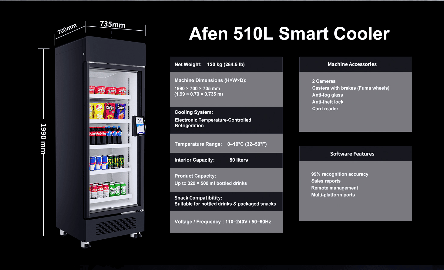 Dimensioni è capacità di u distributore automaticu AI Smart Cooler AFEN 510L Capacità di almacenamentu à alta densità di a macchina distributrice automatica AFEN AI chì massimizza u ROI di a vendita al dettaglio in un ingombro compatto