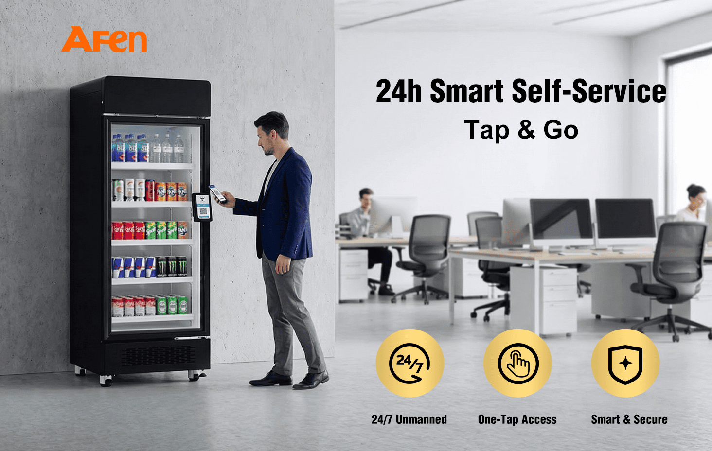 AFEN Smart Cooler 510L Hero Scene U refrigeratore intelligente AFEN 510 furnisce suluzioni di vendita al dettaglio senza personale 24 ore su 24, 7 ghjorni su 7 per uffici è palestre